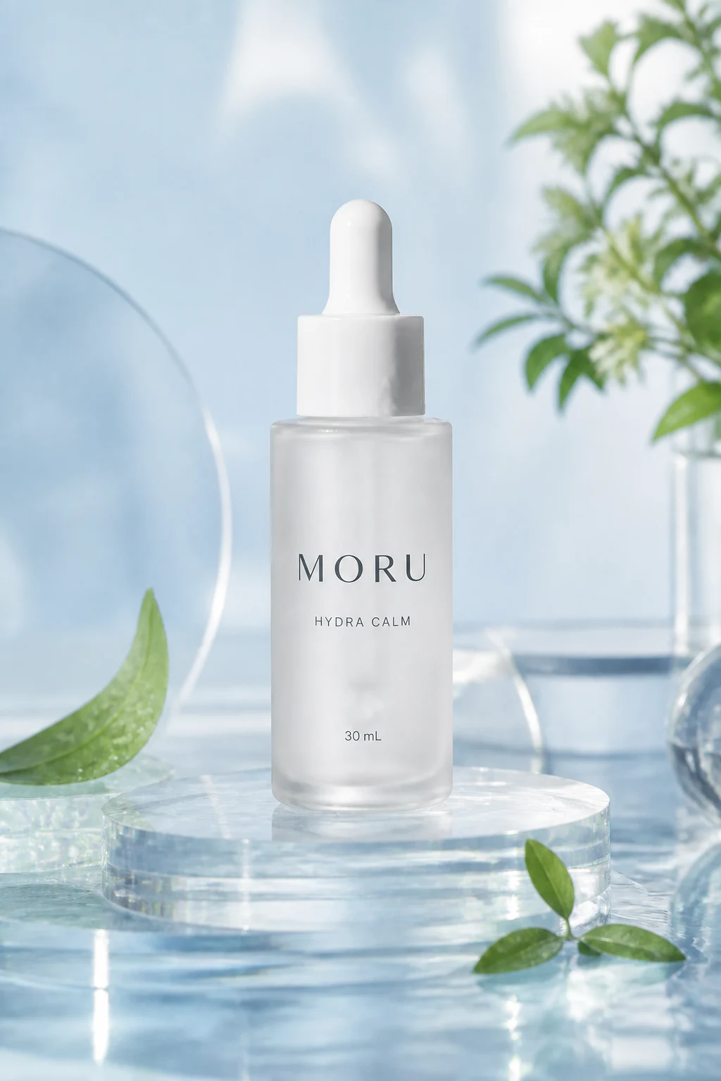 MORU 세럼의 수분감이 느껴지는 제품 연출 예시